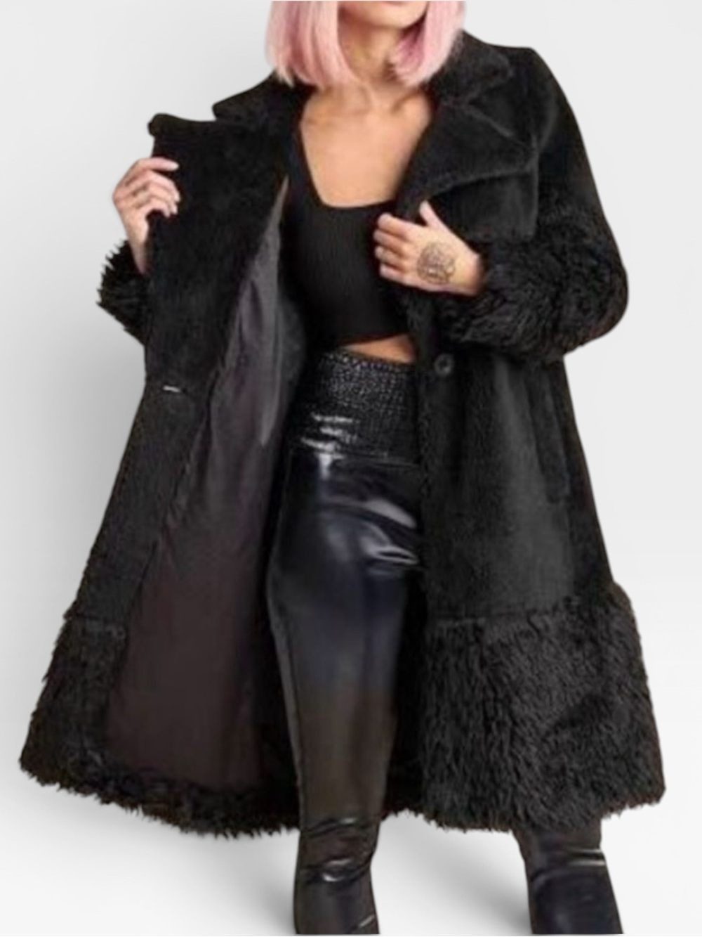 LITA Love Is The Answer Black Faux Fur Coat Size Small Fall 2022